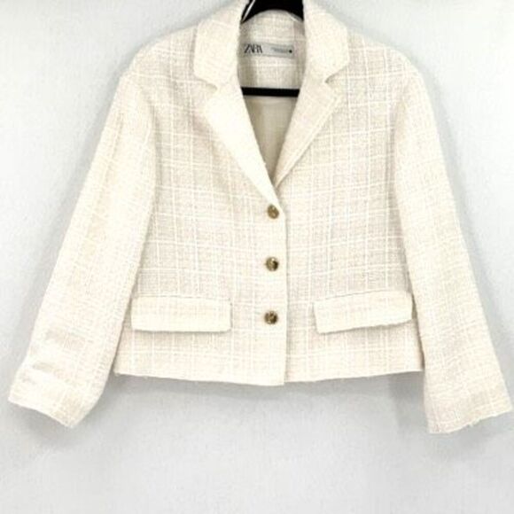 Zara Cream Notched Lapel Collar Single Breasted Tweed Textured Blazer Size XS - Picture 9 of 9
